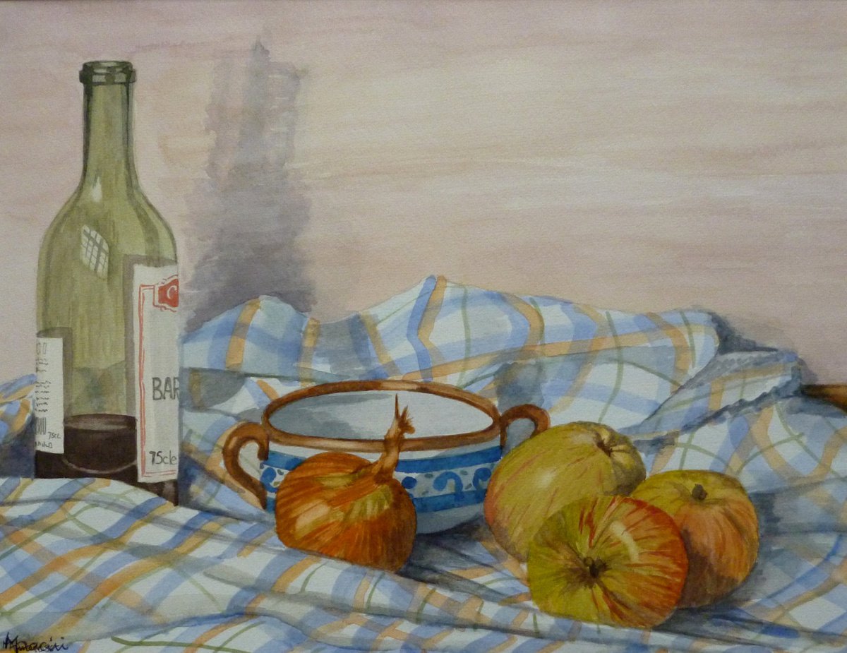 Impressionistic Still Life Watercolour By Maddalena Pacini, 19 X 16", Tuscan Still Life, Original Artwork