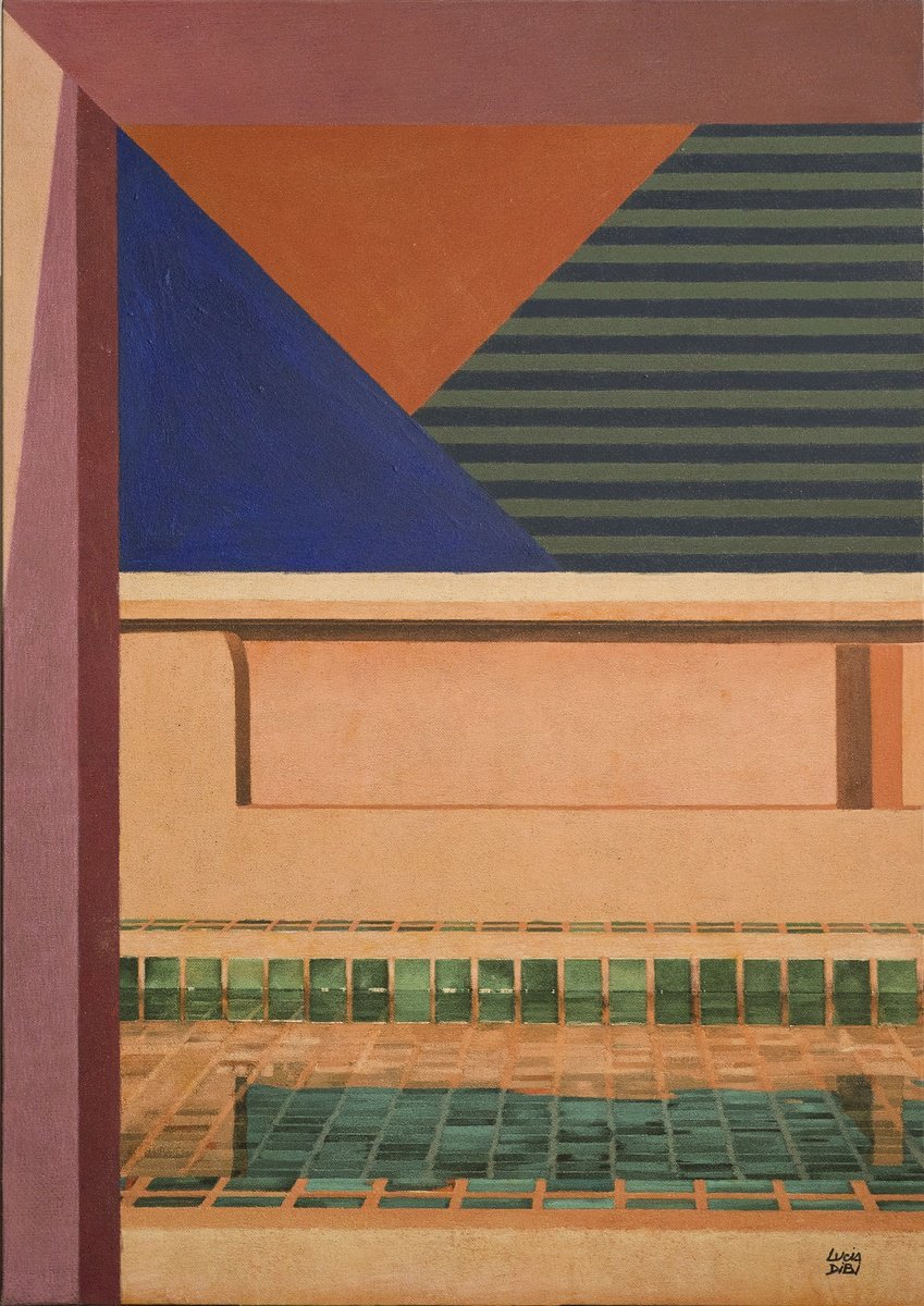 Urban And Pop Cityscapes Acrylic Painting By Lucia Dibi, 28 X 39", Tramonto In Piscina, Original Artwork