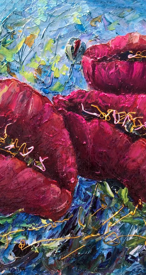 Three Red Poppies - original oil painting 11"X14" by Lena Owens at OLena Art