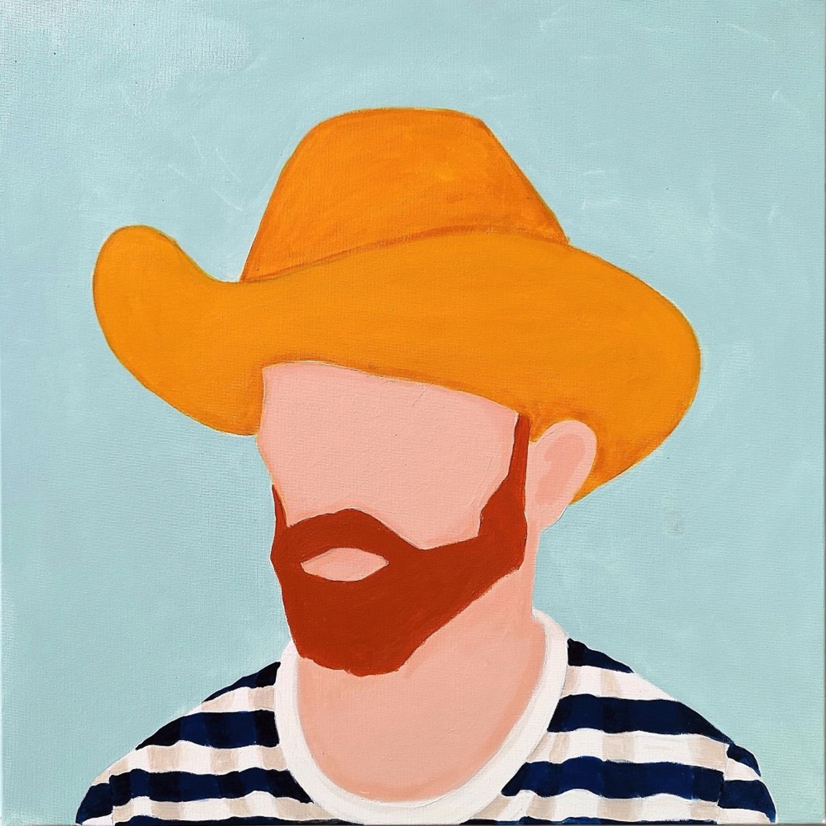 Urban And Pop Portrait Painting By Marisa Anon, 20 X 20", Vangogh Straw Hat Blue Stripes, Original Artwork