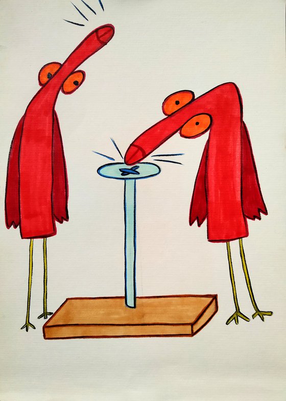 Two red birds are hammering a nail