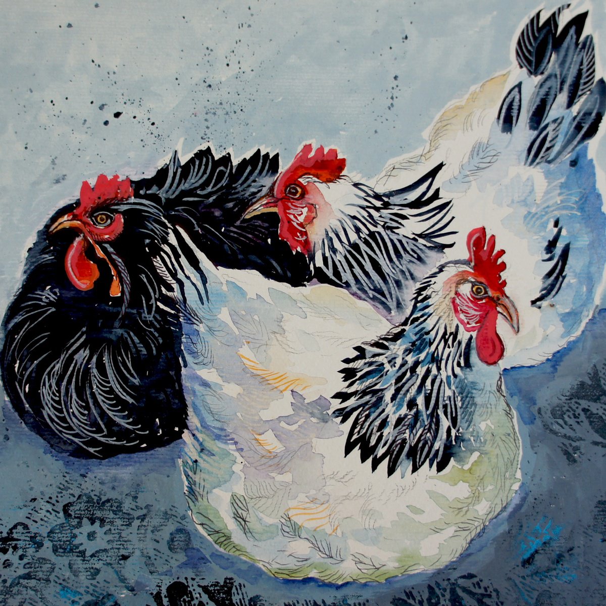Illustrative Animal Watercolour By Julia Rigby, 9 X 9", Three Hens, Original Artwork