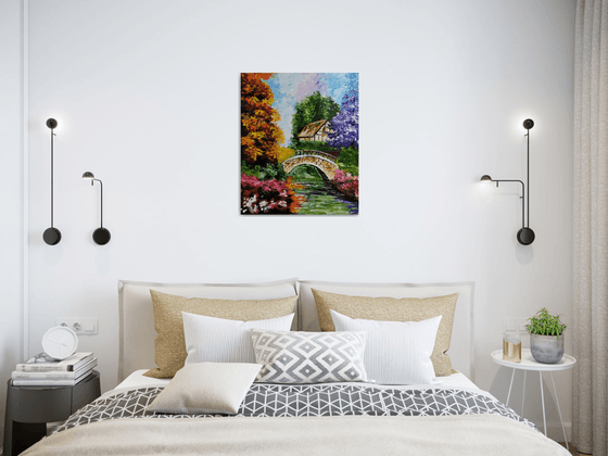 Autumn tale, original landscape bridge tree oil painting, Gift, art for home