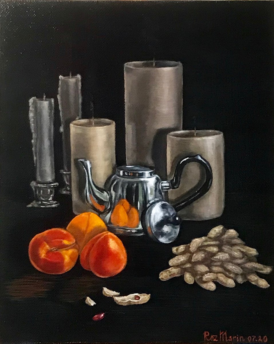 Photorealistic Oil Painting , Chrome & Apricots By Marina Deryagina, 16 X 20, Artwork For Sale On Artfinder