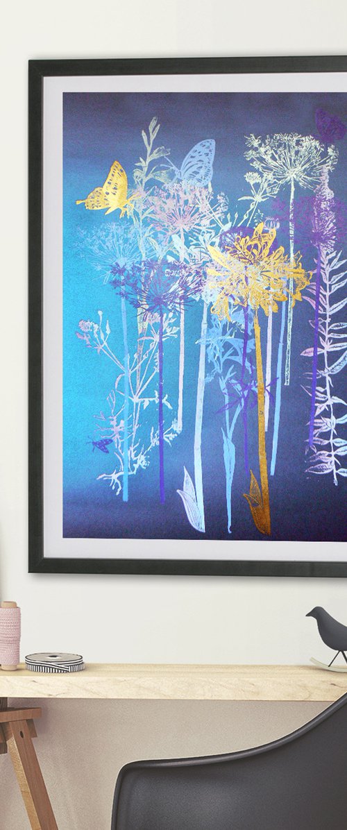 Flora and fauna  (#1) on blue moon Fabriano card by Carolynne Coulson