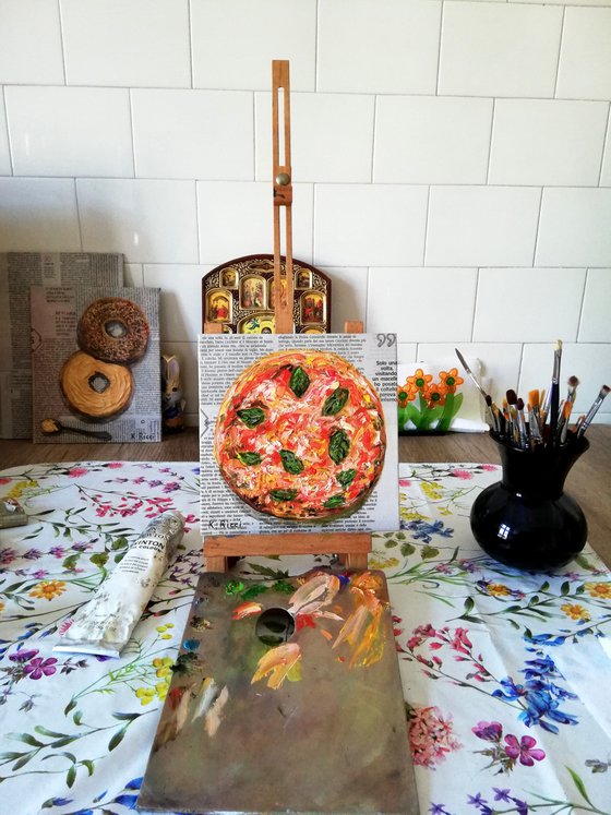 "Pizza on Newspaper" Original Oil on Canvas Board Painting 8 by 8 inches (20x20 cm)