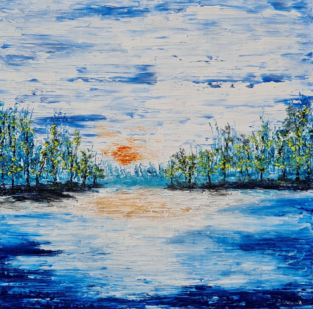 Impressionistic Landscape Oil Painting By Daniel Urbani?k, 12 X 12, Autumn Lake, Original Artwork