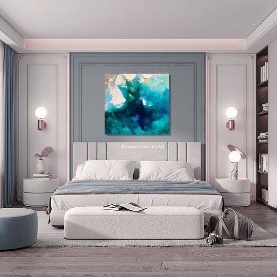 CASTLE IN THE SEA FOG - Sea abstraction. Dark. Mystical. Sea Storm. Flowers. Peony. Hand Painted. Large strokes. Gradient. Emerland.