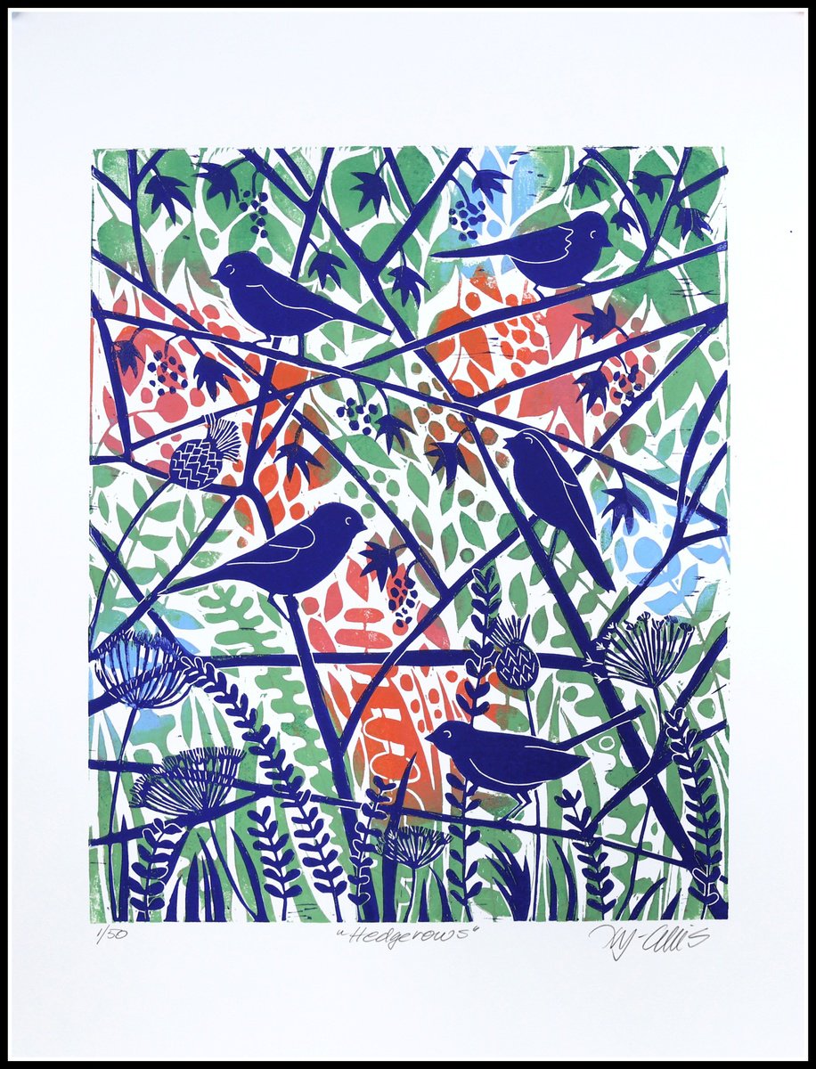 Illustrative Animal Linocut By Mariann Johansen-Ellis, 19 X 25", Hedgerows, Original Artwork