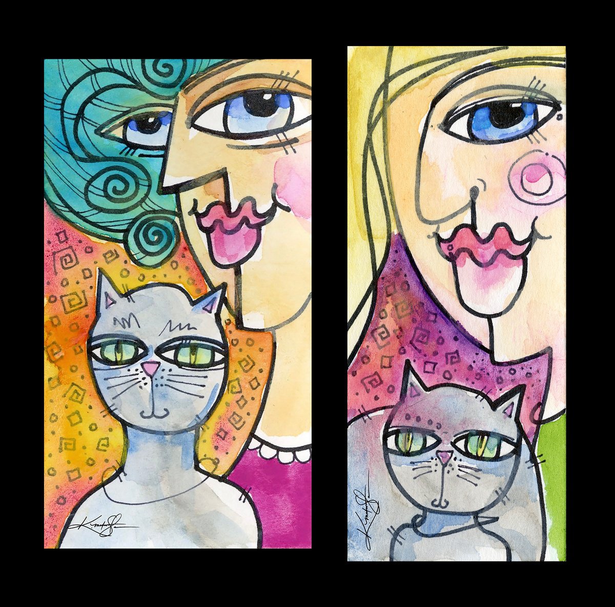Expressive Animal Painting By Kathy Morton Stanion, 6 X 6", My Crazy Cat Collection 2, Original Artwork