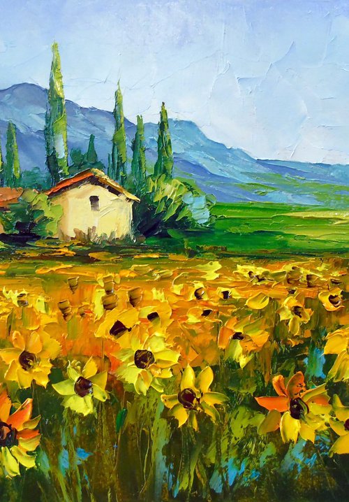 Ranch and field of sunflowers by Olha Darchuk