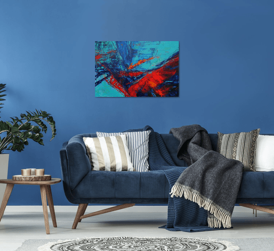 Large Abstract Blue Turquoise Red Landscape Painting. Modern Textured Art. Abstract. 61x91cm.