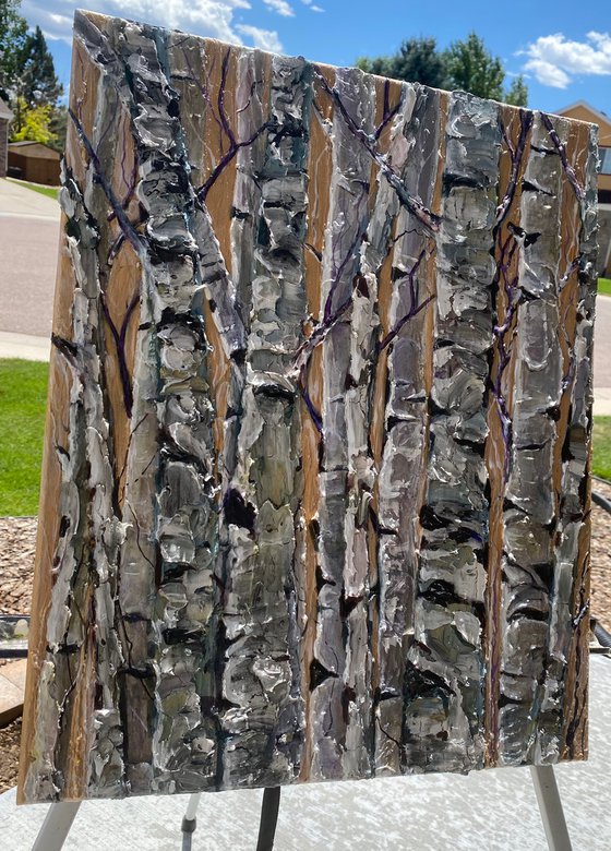 Birch Trees -  Monochrome Impasto Original Painting  (palette knife)