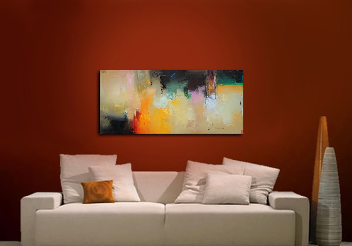 Abstract Landscape Oil Painting By Stanislav Lazarov, 43 X 19", The Blue Moon, Original Artwork