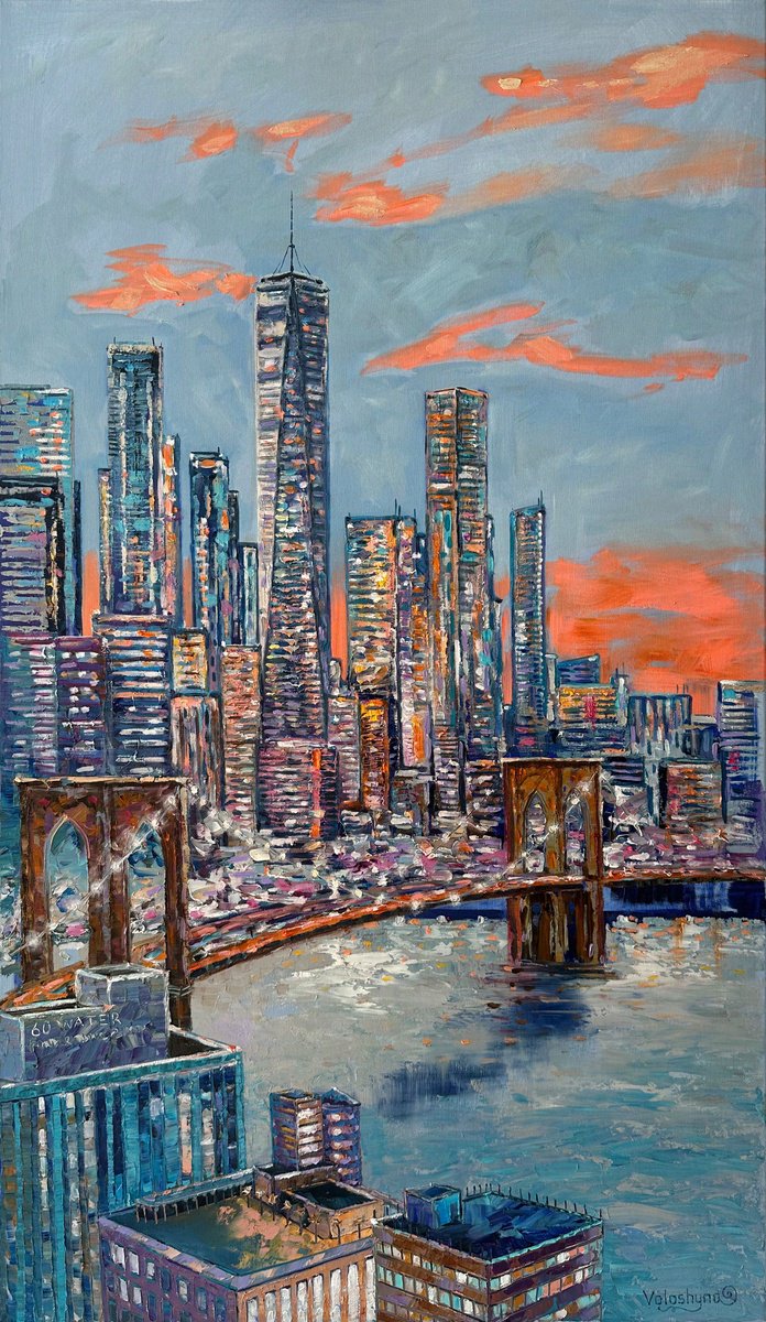 Impressionistic Cityscapes Oil Painting By Mary Voloshyna, 28 X 47", Evening In New York, Original Artwork