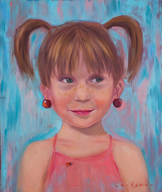 Girl with ponytails, ladybug and cherry earrings portrait
