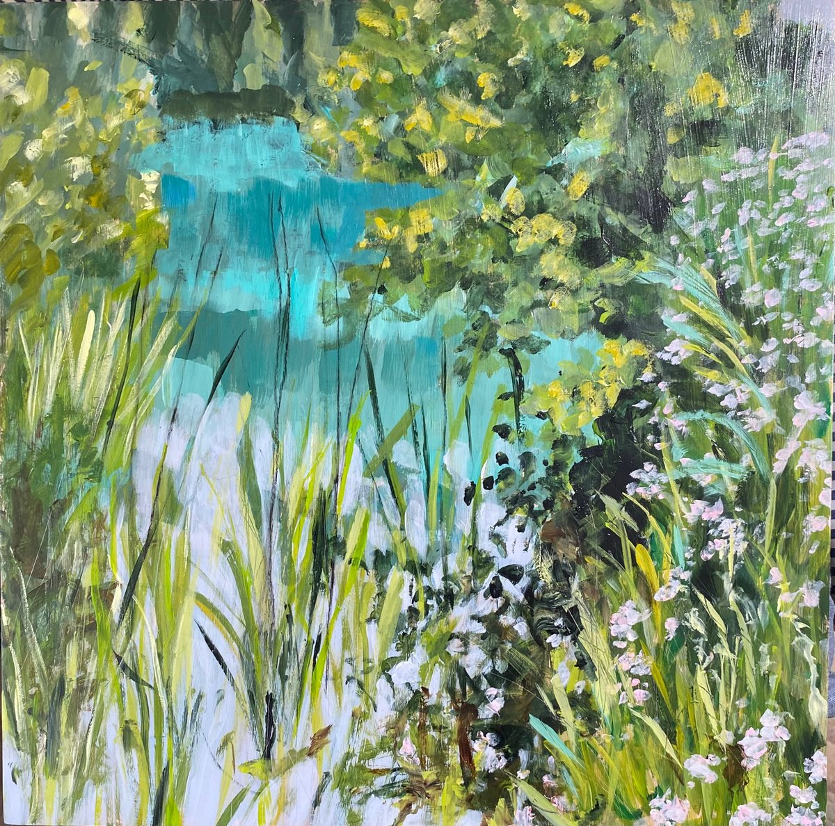 Impressionistic Landscape Acrylic Painting By Nikki Wheeler, 16 X 16", Blue Lake And Grasses, Original Artwork