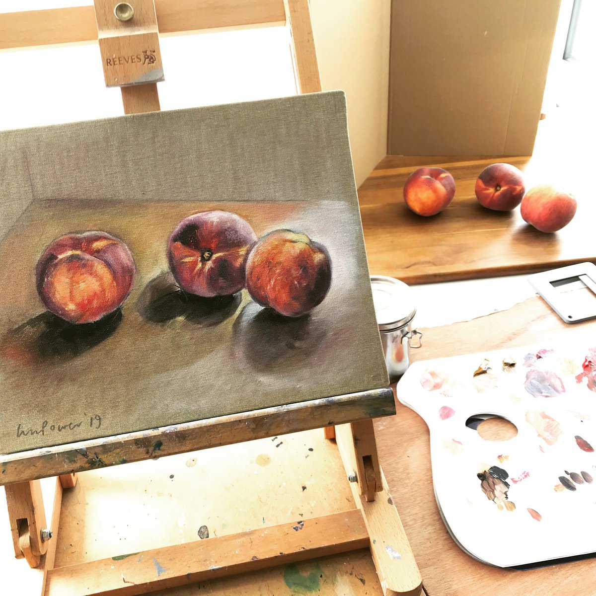 ‘Three Peaches’ - still life oil painting on unbleached canvas