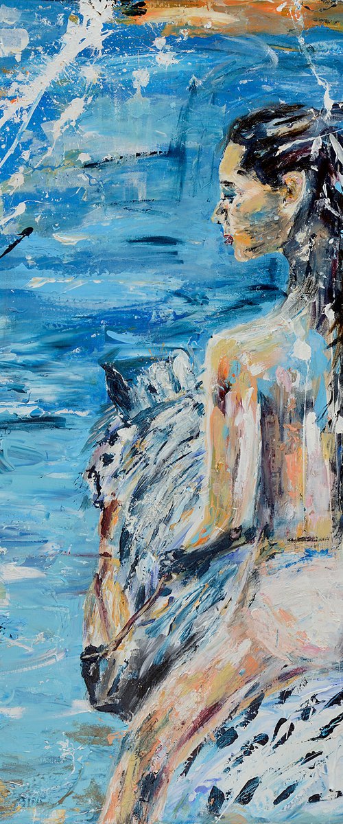 Nude, horse and seascape - TAKE ME TO THE SEA - by Oswin Gesselli - 100x100cm| 39.37x39.37" Contemporary art by Oswin Gesselli