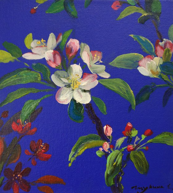 Flowering branch on dark blue. Original oil painting