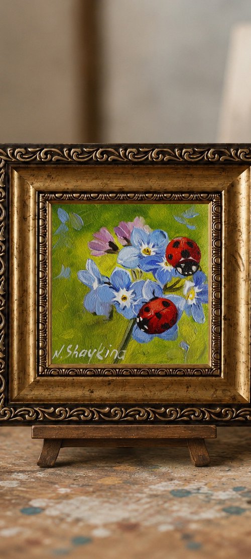 Ladybugs and Blue Flowers by Natalia Shaykina