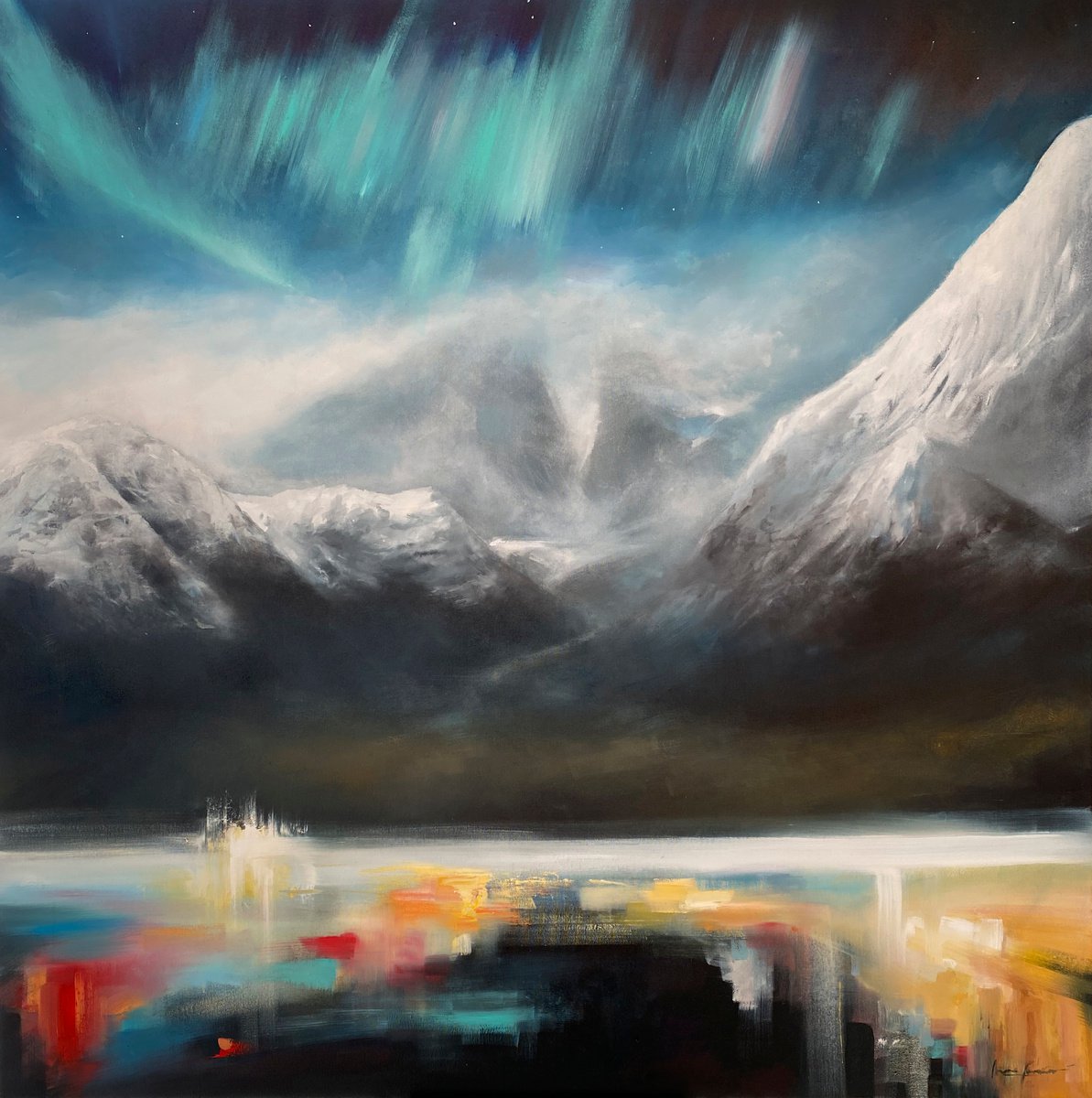 Northern Lights.Aurora100x100cm large original painting by Artem Grunyka