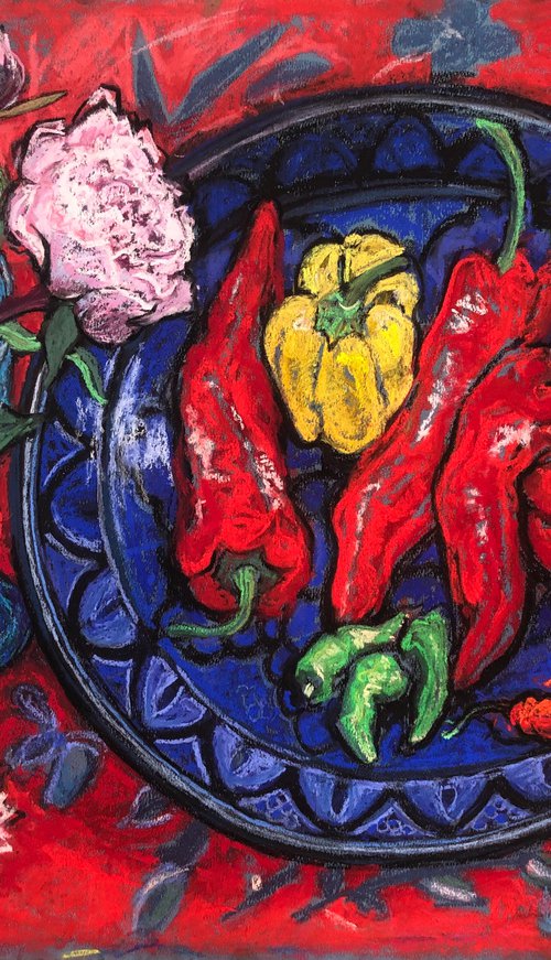 Peony and Peppers still life by Patricia Clements