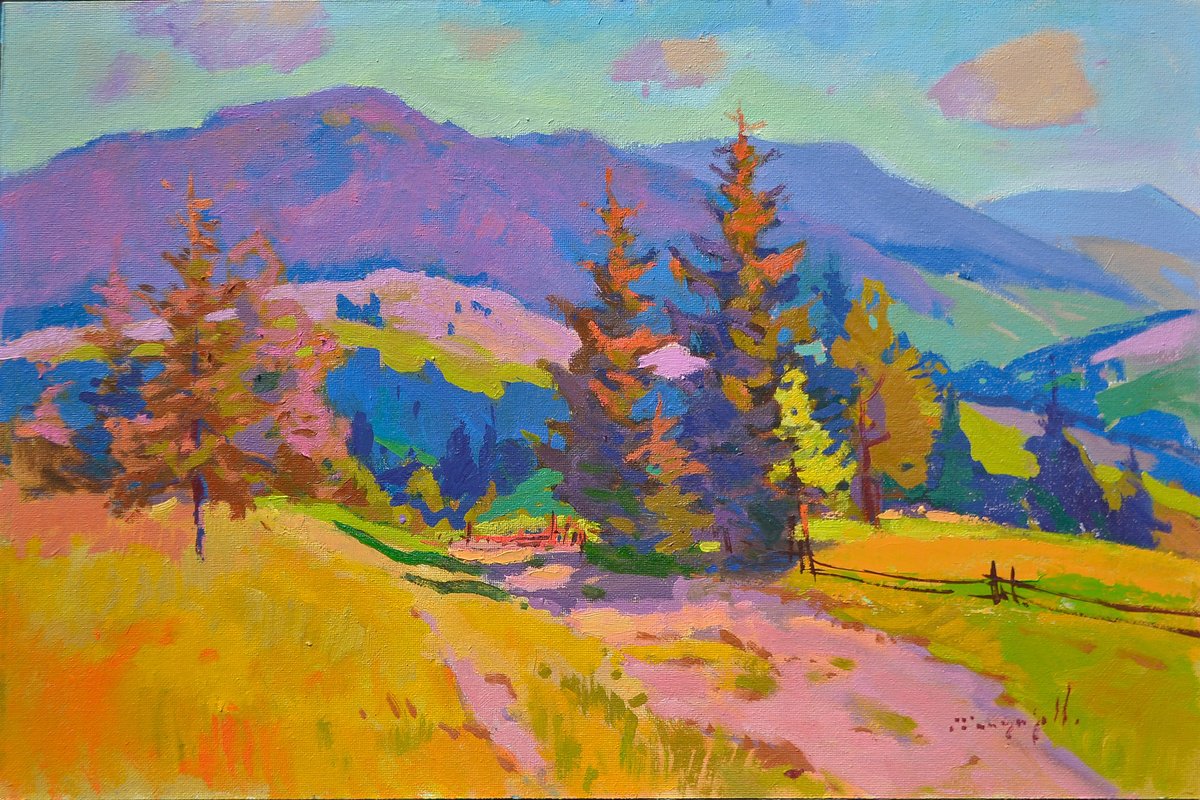 Impressionistic Landscape Oil Painting By Alexander Shandor, 31 X 22, Life In The Mountains, Original Artwork