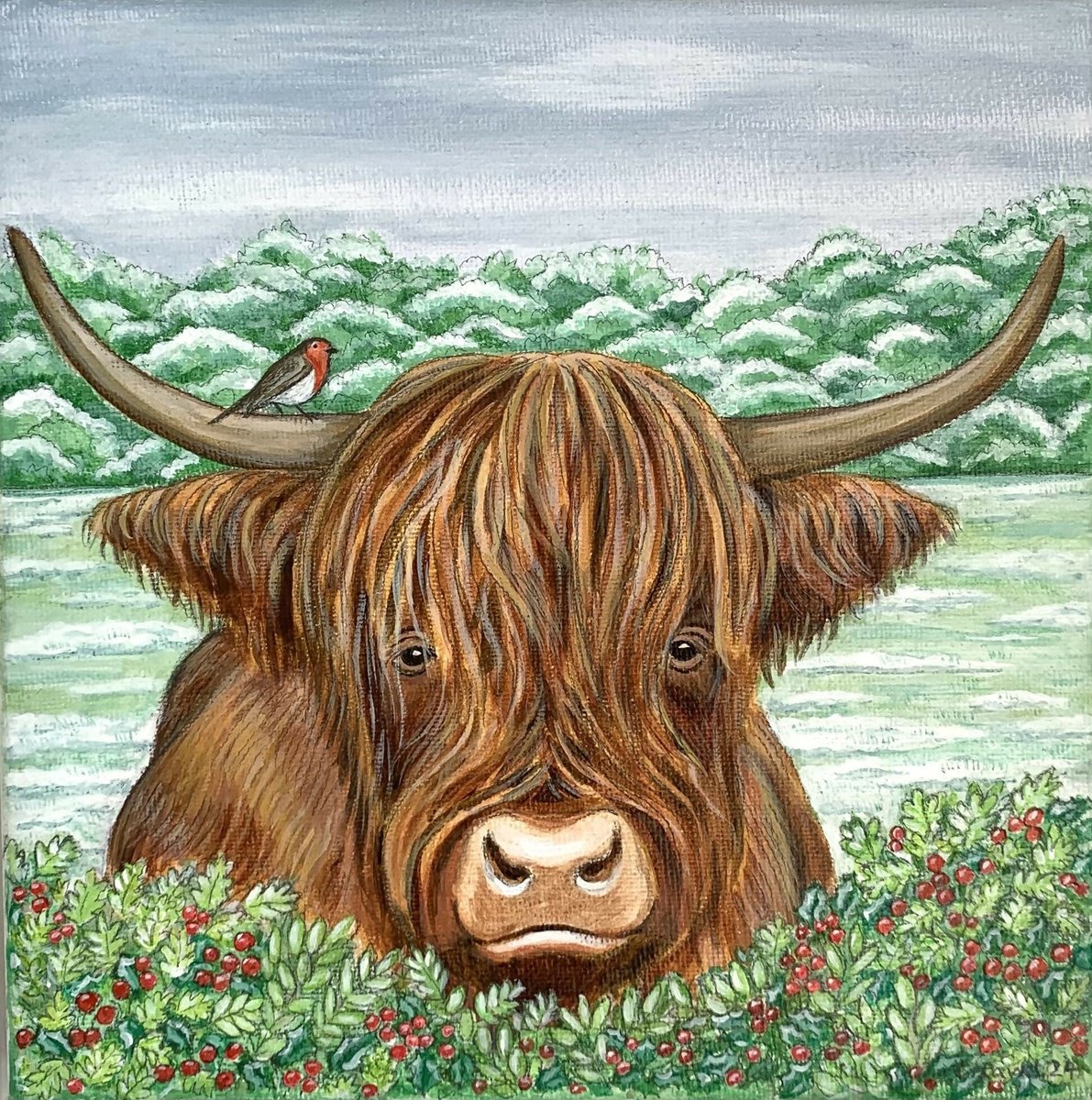 Naive Animal Acrylic Painting By Lisa Davies, 9 X 9", A Highland Hello, Original Artwork