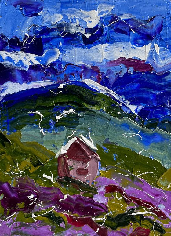 Alps Painting Mountains Original Art Barn Oil Impasto Cabin Artwork Landscape Wall Art 6 by 8" by Halyna Kirichenko