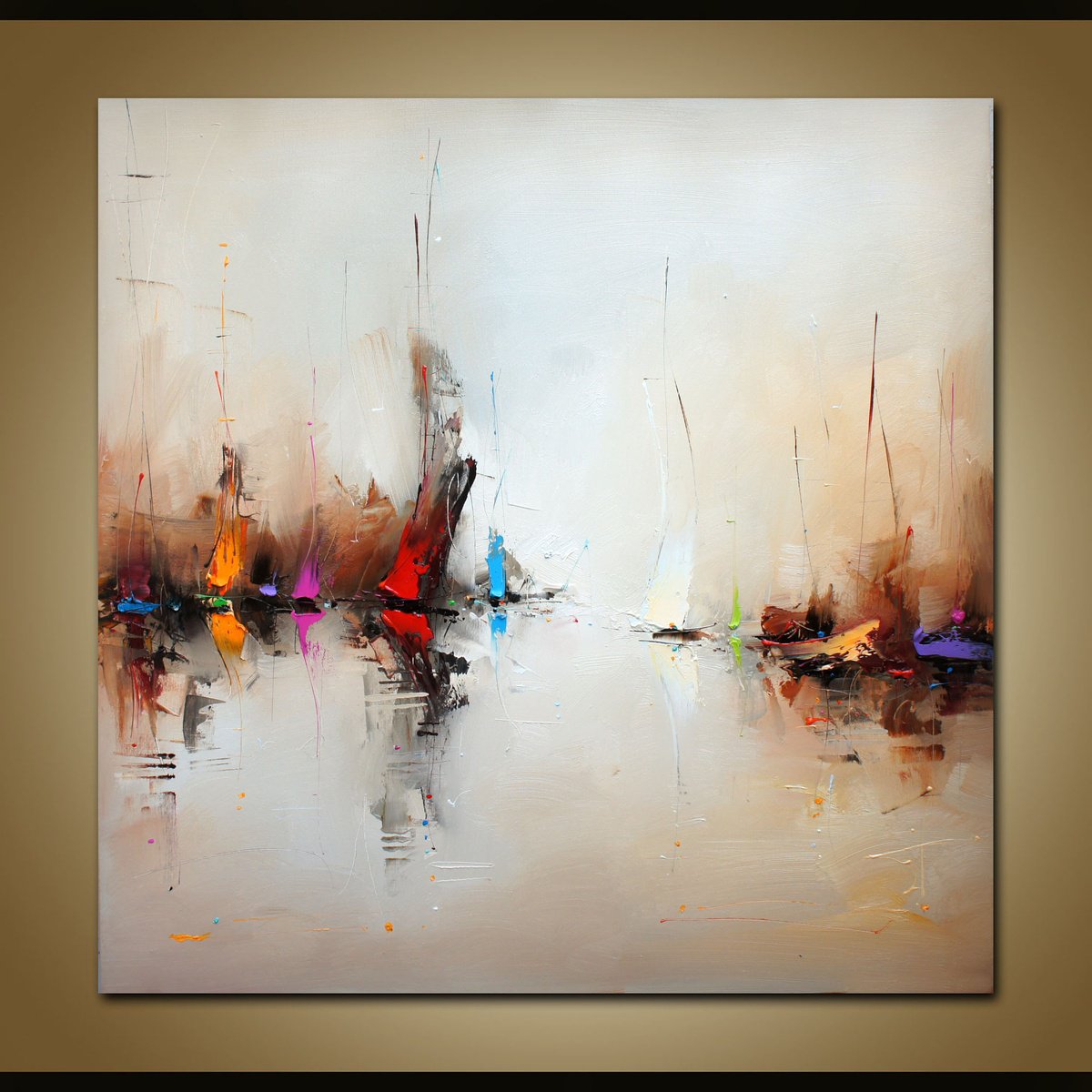 Abstract Landscape Oil Painting By Stanislav Lazarov, 31 X 31", The Last Kites, Original Artwork