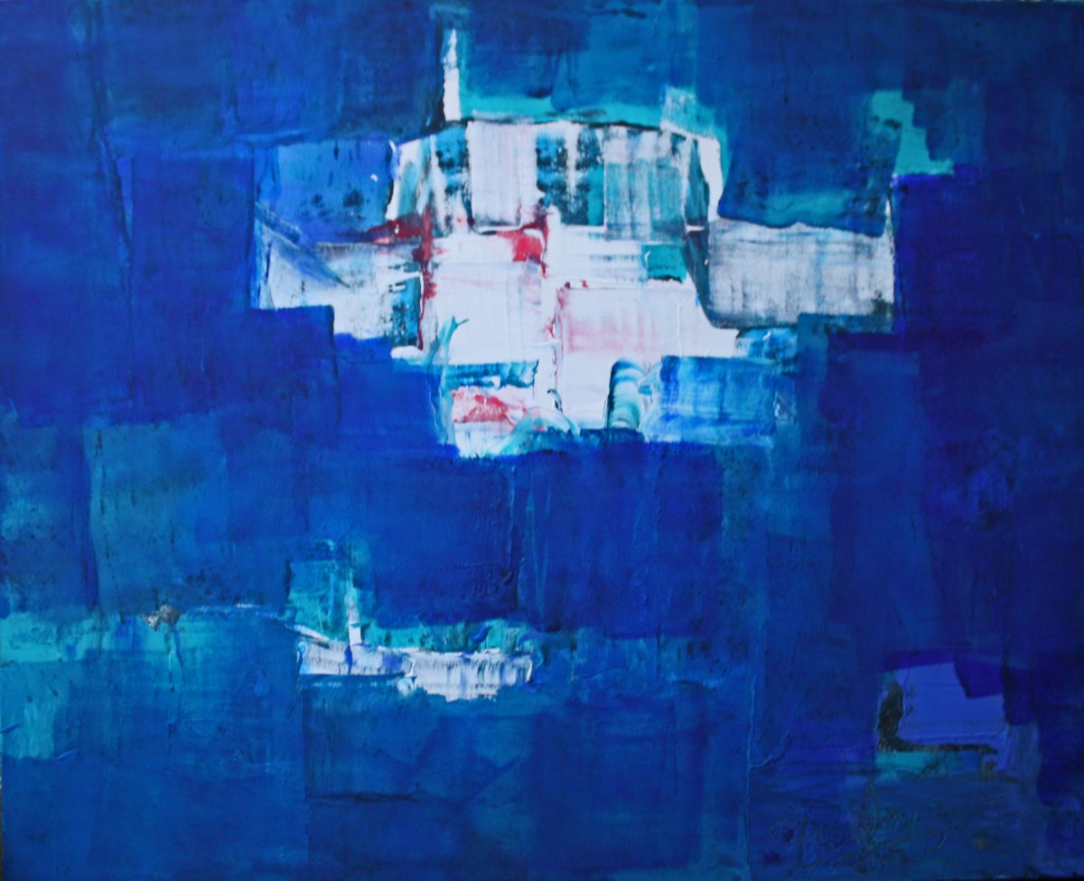 Geometric Abstract Acrylic Painting By Jacques Donneaud, 39 X 31, Village Entre Ciel Et Mer, Original Artwork