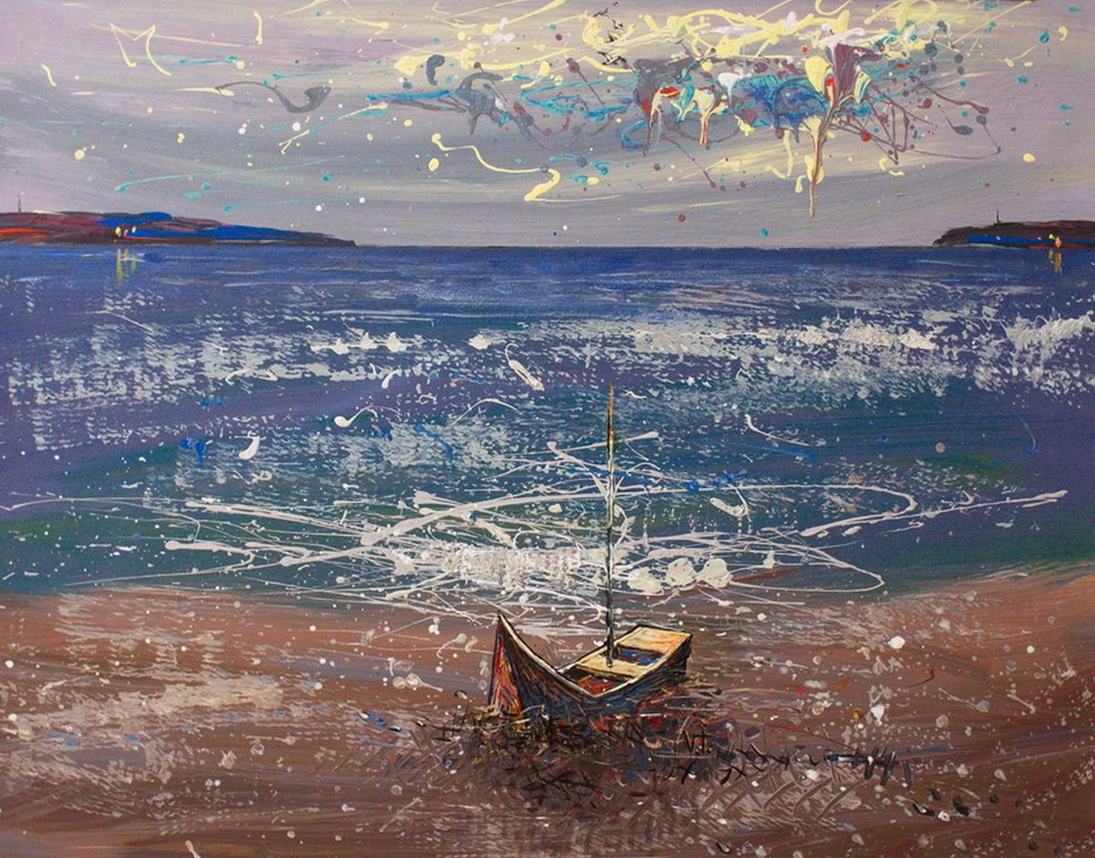 Impressionistic Landscape Acrylic Painting By Viktor Ivaniv, 35 X 28", On The Sea. Windy Day, Original Artwork