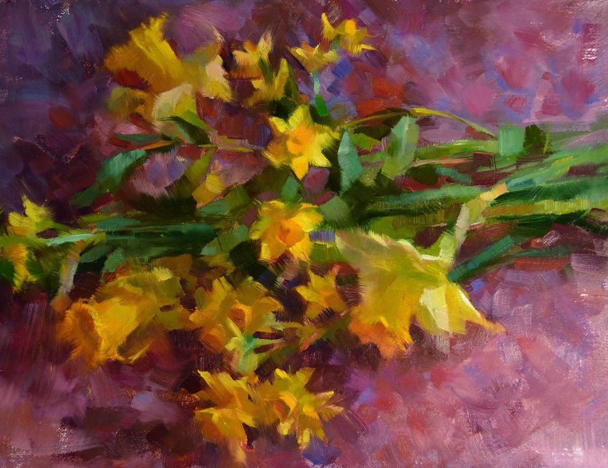 ’Narcissus and Daffodils’ - original oil painting, alla prima oil painting, one of a kind by Alex Kelly