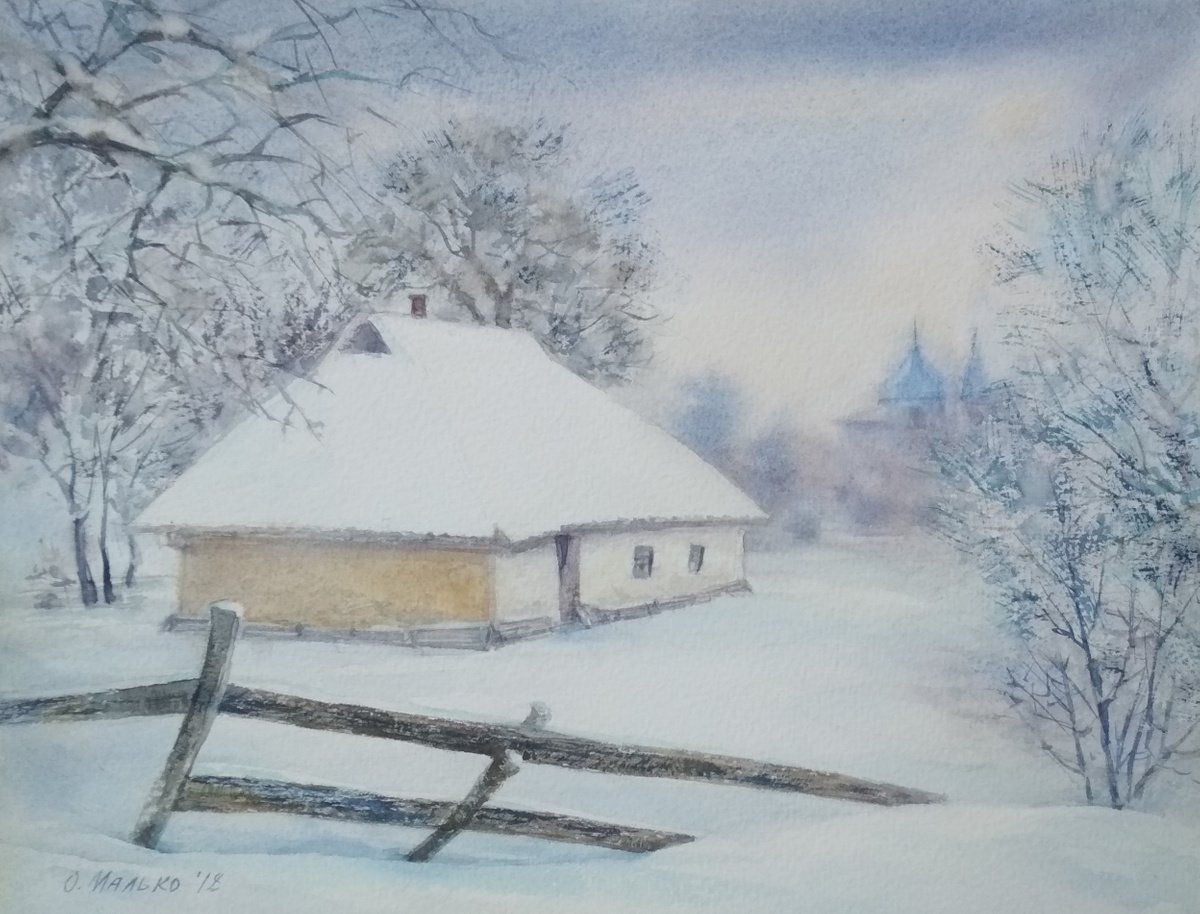 Abandoned and forgotten by God and people / Winter rural landscape. Original watercolor pi... by Olha Malko