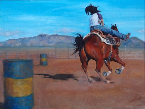 "Go-go Girl" Western art, original oil, vibrant colors of a girl and her horse racing barrels, professionally framed in aged barnwood by Sarah Kennedy