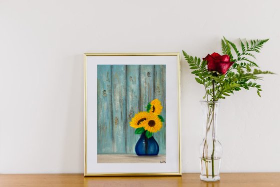 Sunflowers in blue vase ! Still life painting with sunflowers! A4 size Painting on paper