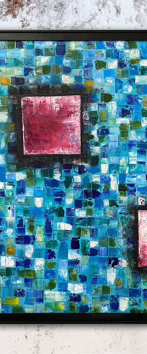 "Mosaic Squared" - Original Highly Textured PMS Abstract Oil Painting On Wood, Framed - 26" x 38" by Preston M. Smith (PMS)