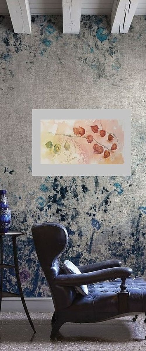 AUTUMN NOW. PHYSALIS original watercolour 53x23 2019.067 by Beata van Wijngaarden