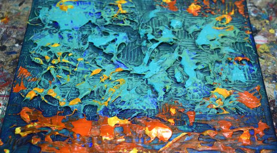 Blue Turquoise - 25.5 x 25.5 cm Heavy Textured Acrylic Painting, Turquiose, Blue, Red