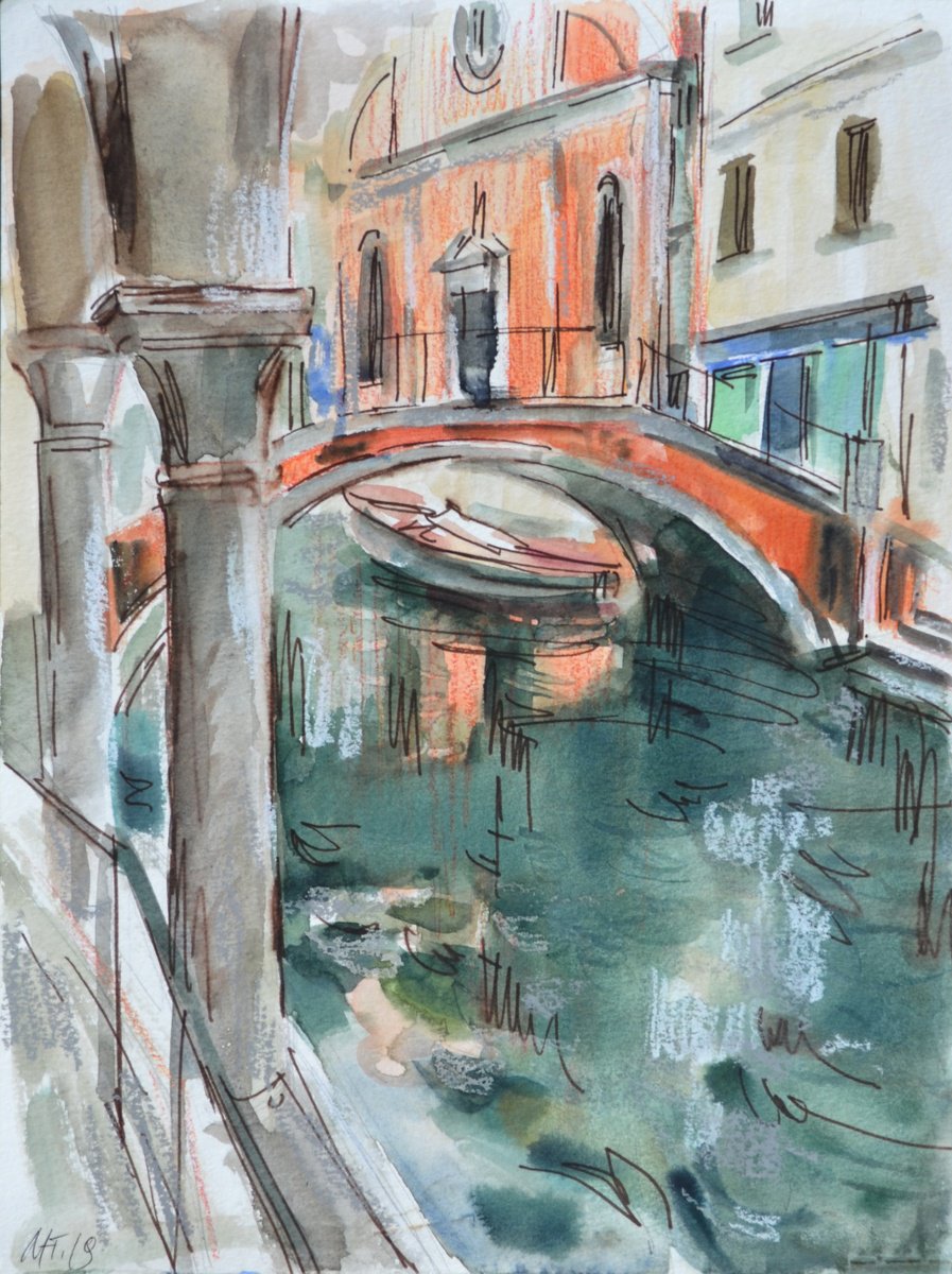 Photorealistic Landscape Watercolour By Nelina Trubach-Moshnikova, 12 X 16", "Sketches Of Venice 3", Original Artwork