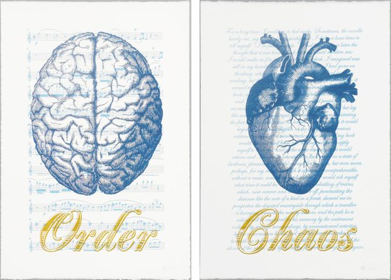 Order Chaos Script Blue. Screen print with music score and prose script.