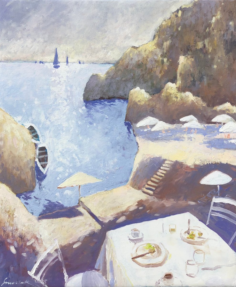 Impressionistic Landscape Oil Painting By Volodymyr Smoliak, 20 X 24", Hot Mediterranean Day, Original Artwork