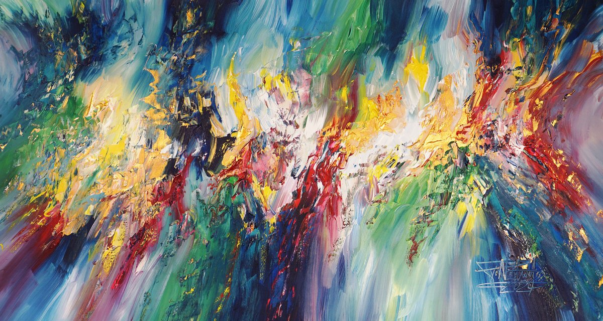 Abstract Acrylic Painting By Peter Nottrott, 61 X 33", Daydream In Gold L 1, Original Artwork