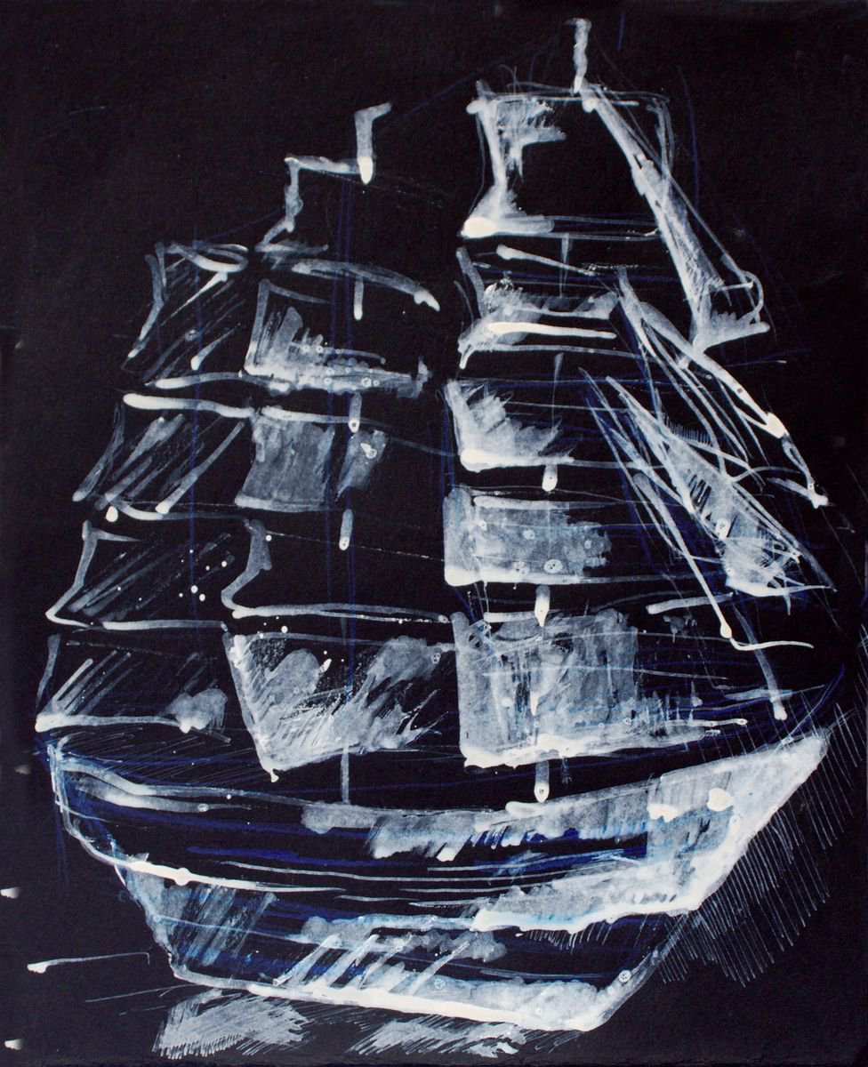 Impressionistic Transport Ink Drawing By Evgeniq Ivanova, 9 X 12, Mast, Original Artwork