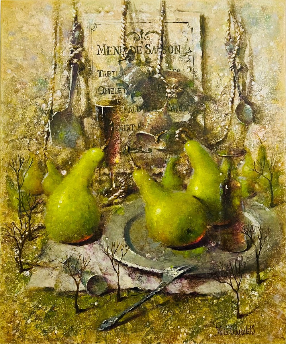 Impressionistic Still Life Oil Painting By Yulia Odukalets, 20 X 24", Still Life Pear Silverware, Original Artwork