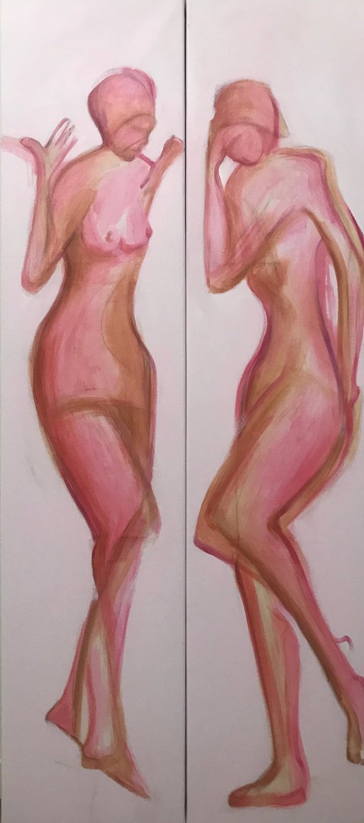 Expressive Portrait Oil Painting By Romuald Mulk Musiolik, 28 X 63", Post Scriptum 1112. Diptych, Original Artwork