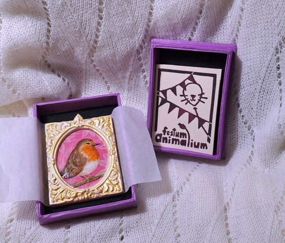 European robin, part of framed animal miniature series "festum animalium"