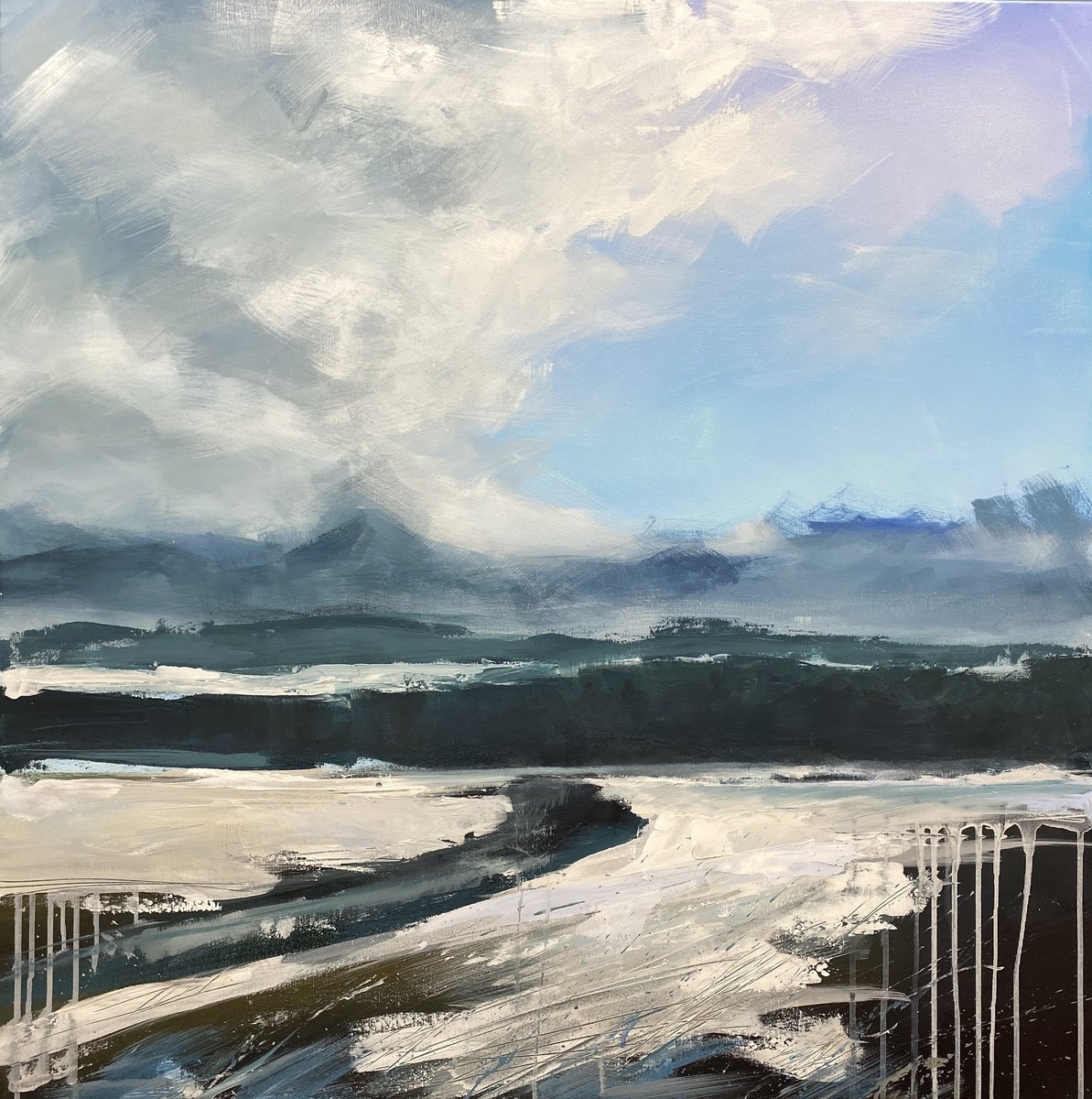 Impressionistic Landscape Acrylic Painting By Helen Mount, 31 X 31, Before The Snowfall, Original Artwork