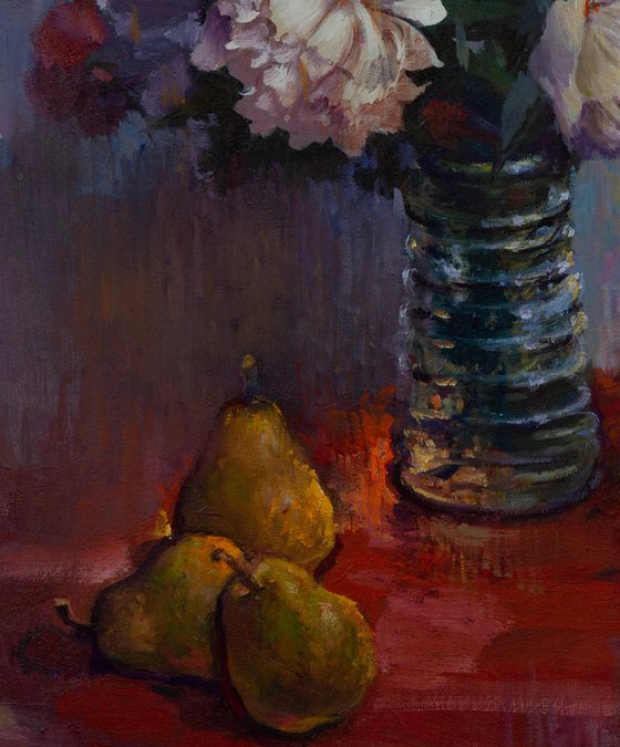 Pears on a red drapery